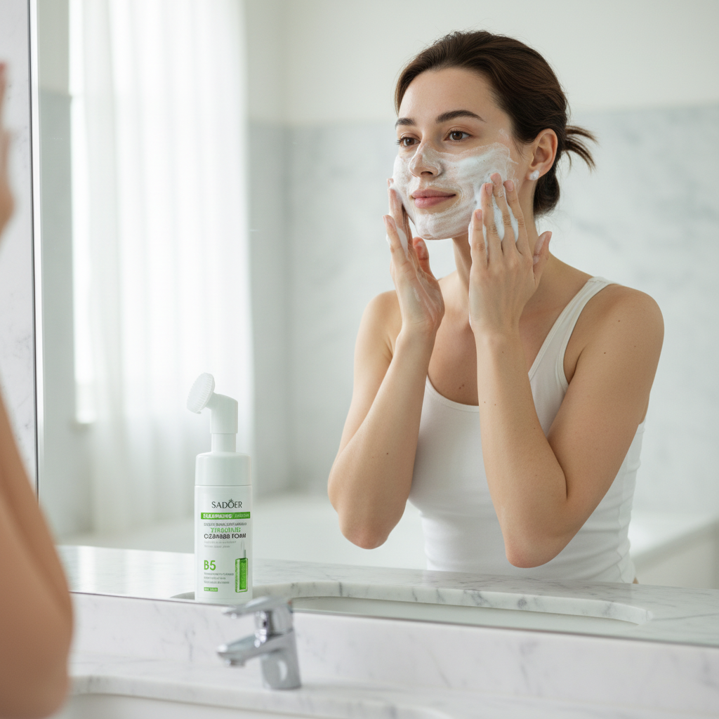 Woman using B5 cleanser lifestyle shot
